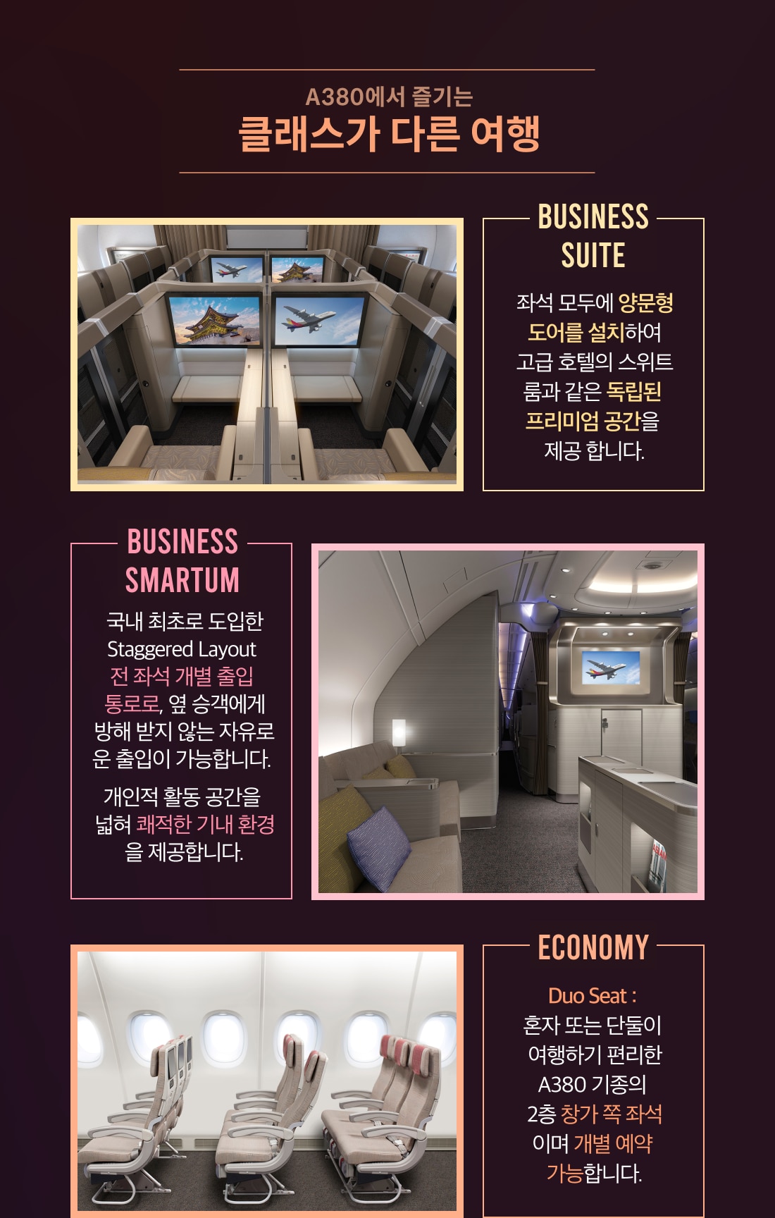 A380에서 즐기는 클래스가 다른 여행. Business Sulte: 좌석 모두에 양문형 도어를 설치하여 고급 호텔의 스위트 룸과 같은 독립된 프리미엄 공간을 제공합니다. Business Smartum: 국내 최초로 도입한 Staggered Layout 전 좌석 개별 출입 통로로, 옆 승객에게 방해받지 않는 자유로운 출입이 가능합니다. 개인적 활동 공간을 넓혀 쾌적한 기내 환경을 제공합니다. Economy Duo Seat: 혼자 또는 단둘이 여행하기 편리한 A380 기종의 2층 창가 쪽 좌석이며 개별 예약 가능합니다.